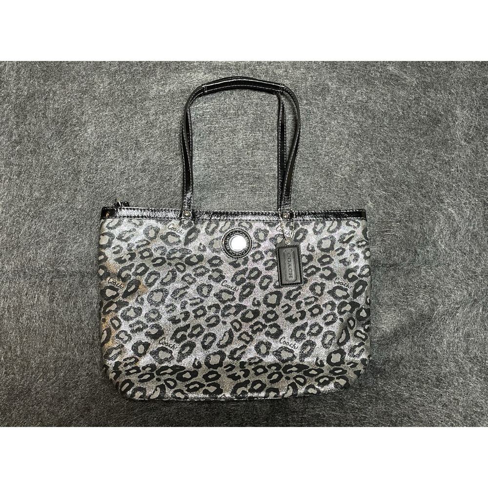 Coach F21061 Ocelot Print Metallic Leopard Silver Glitter Tote Patent Leather